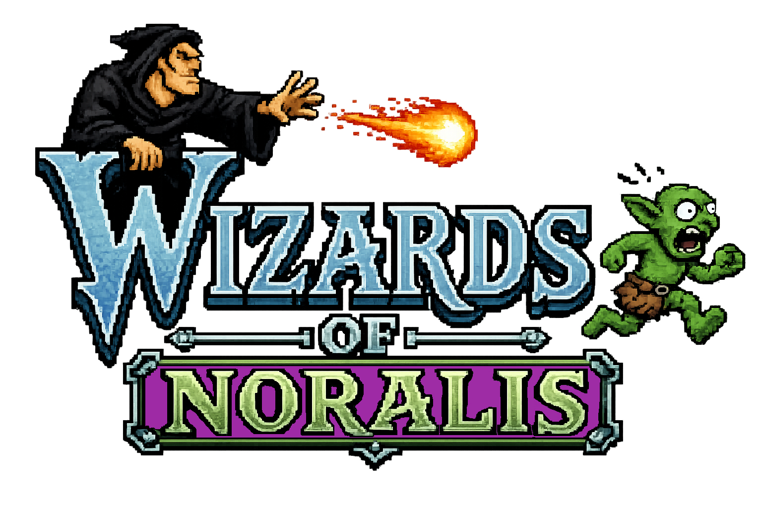Wizards of Noralis logo with a wizard casting a fireball toward a goblin